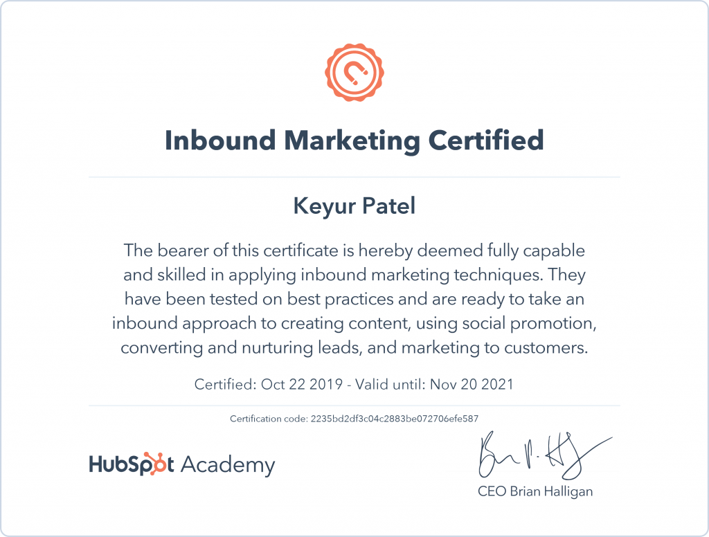 Keyur | Inbound Marketing Certified